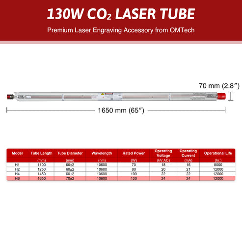 130W CO2 Laserröhre & Laser Tube für Laser Graviermaschinen und Lasercutter | YL-130 Laserröhre OMTech Laser   