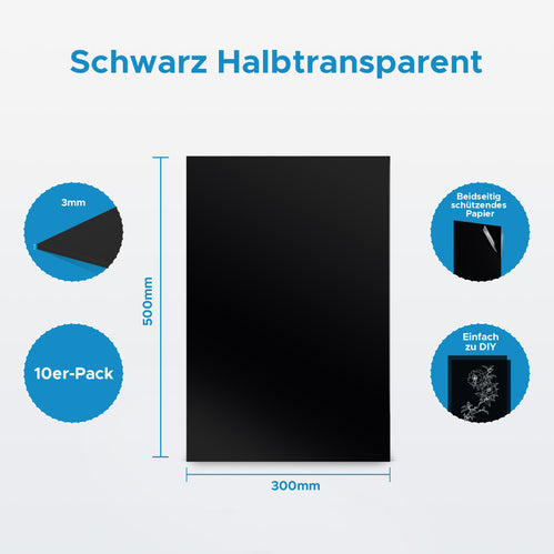 Acrylplatte - Schwarz Halbtransparent 500x300x3mm 10er Pack Materialien OMTech Laser