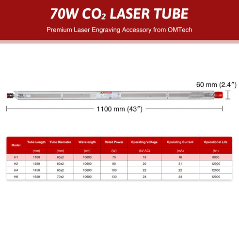 70W CO2 Laserröhre & Laser Tube für Laser Graviermaschinen und Lasercutter | YL-70 Laserröhre OMTech Laser   