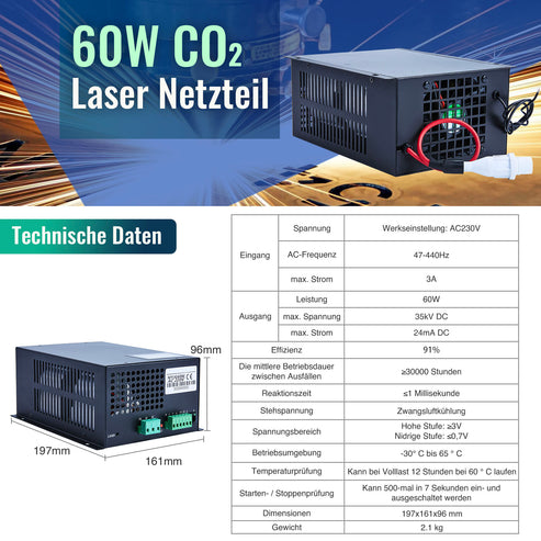 60W CO2-Laser-Netzteil & Stromversorgung | LN-60 CO2-Laser-Netzteil OMTech Laser   