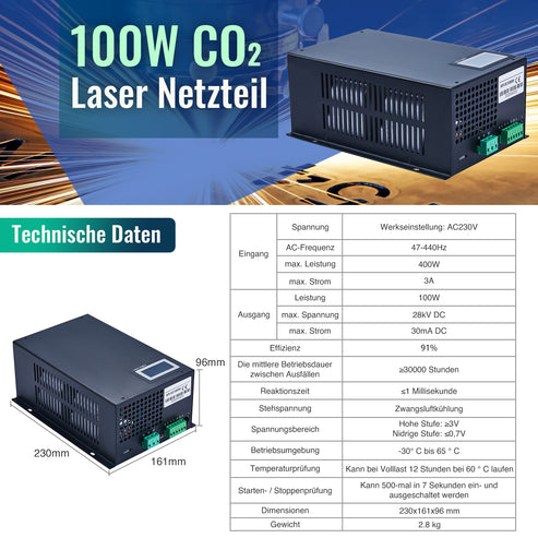 100W Netzteil für CO2 Laser Graviermaschinen und Lasercutter | LN-100 CO2-Laser-Netzteil OMTech Laser   