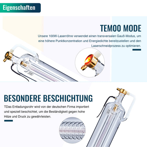 100W CO2 Laserröhre & Laser Tube für Laser Graviermaschinen und Lasercutter | 0100 CO2 Laserröhre OMTech Laser   