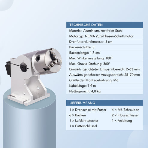 80mm Drehachse & Rotary Axis für MOPA und Faserlaser Graviermaschinen | LRA-602D Drehachse OMTech Laser   