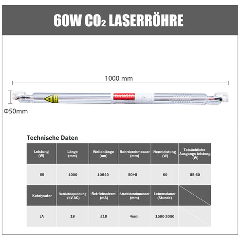 60W CO2 Laserröhre & Laser Tube für Laser Graviermaschinen und Lasercutter | 0060 Laserröhre OMTech Laser   