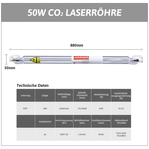 50W CO2 Laserröhre & Laser Tube für Laser Graviermaschinen und Lasercutter | 0350 Laserröhre OMTech Laser   